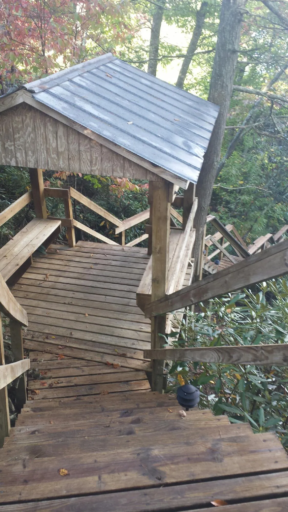 Metal roofed shelter over wooden steps on a wooded walkway — Skylight Repair & Installation work by our crew in Webster City